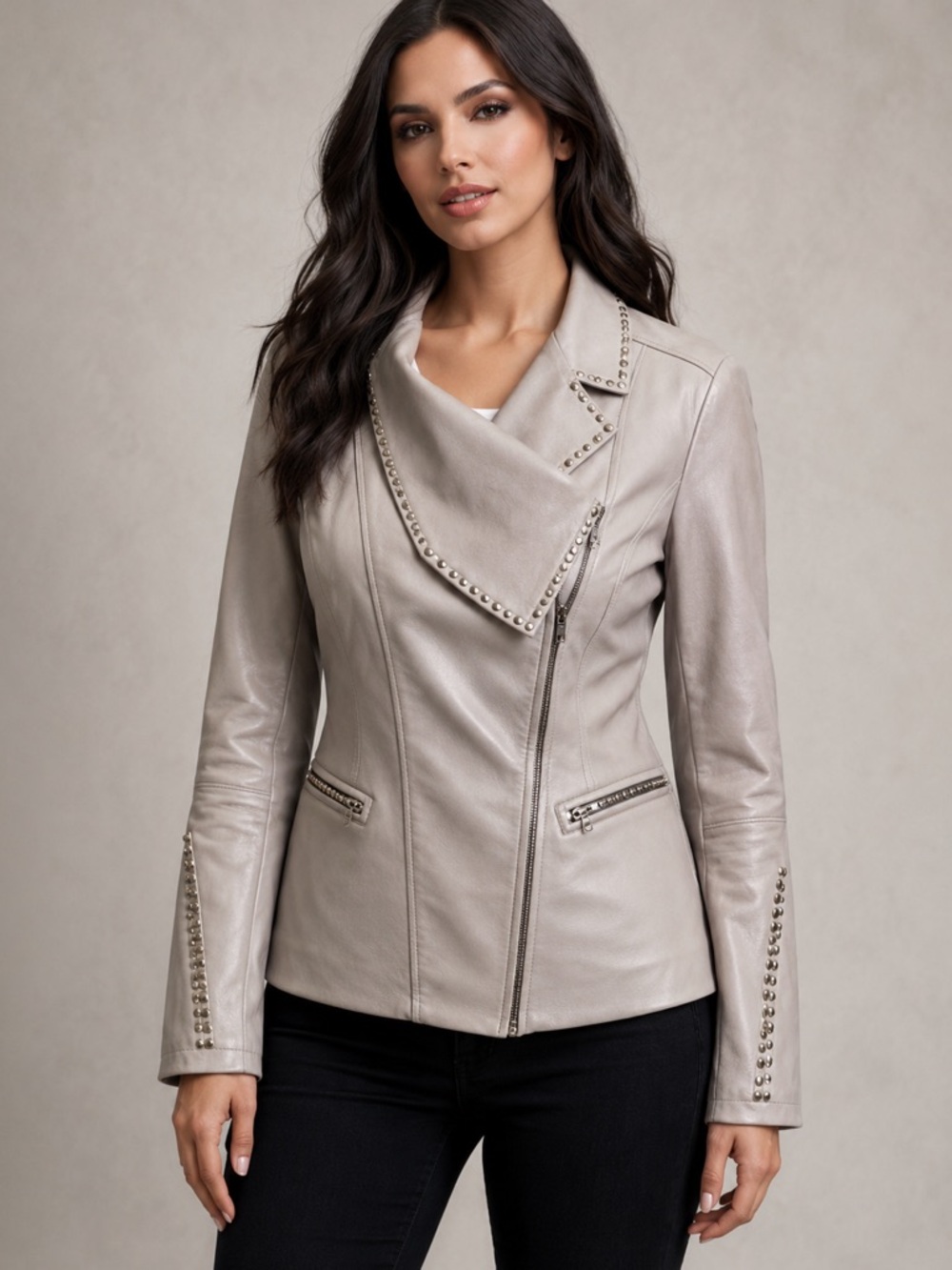 JLO Light Gray Faux Leather Moto Jacket Asymmetrical Zip Studded Detail Size 1X
